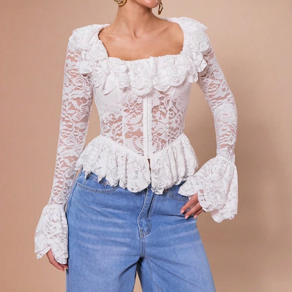 White Elegant Women's Lace Patchwork Blouse